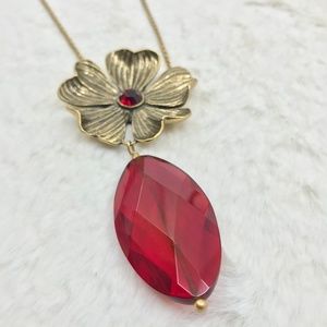 Goldtone Flower Red Crystal Drop Pendant Necklace